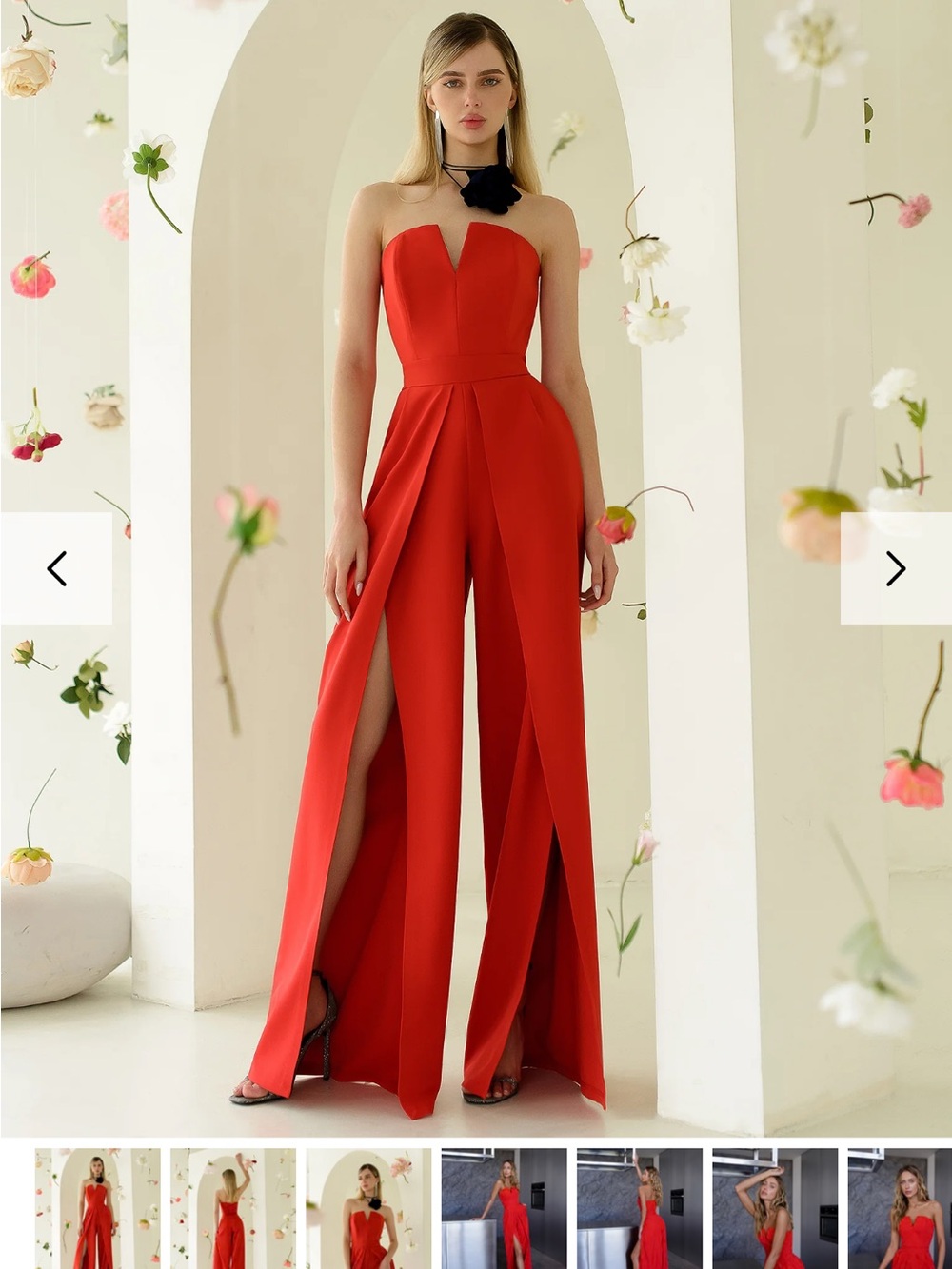 Bold Red Strapless Palazzo Jumpsuit with Front Slits